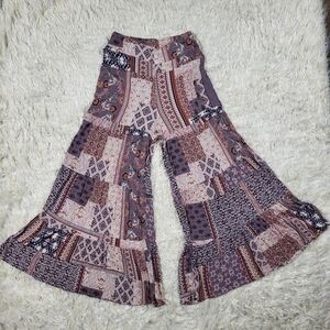 EASEL "Relaxing Night" Tiered Patchwork Print Ruffled Hem Wide Leg Palazzo Pants